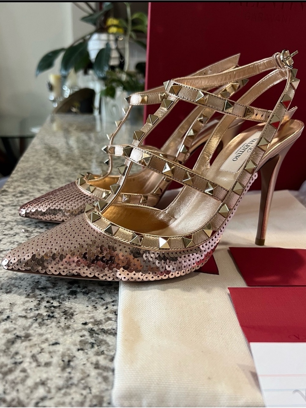 Valentino Rose Gold Sequin Rockstud Strappy Pointed-Toe Heels 39